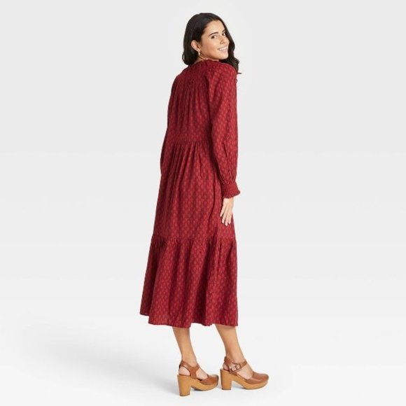 Universal Thread Womens M Red Tiered Dress Balloon Long Sleeve Smocked Neck Maxi - Picture 7 of 10